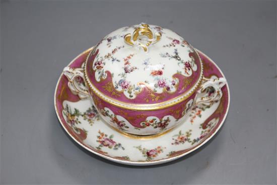 A Chelsea gold anchor Sevres style ecuelle, cover and stand, c.1765, 18cm